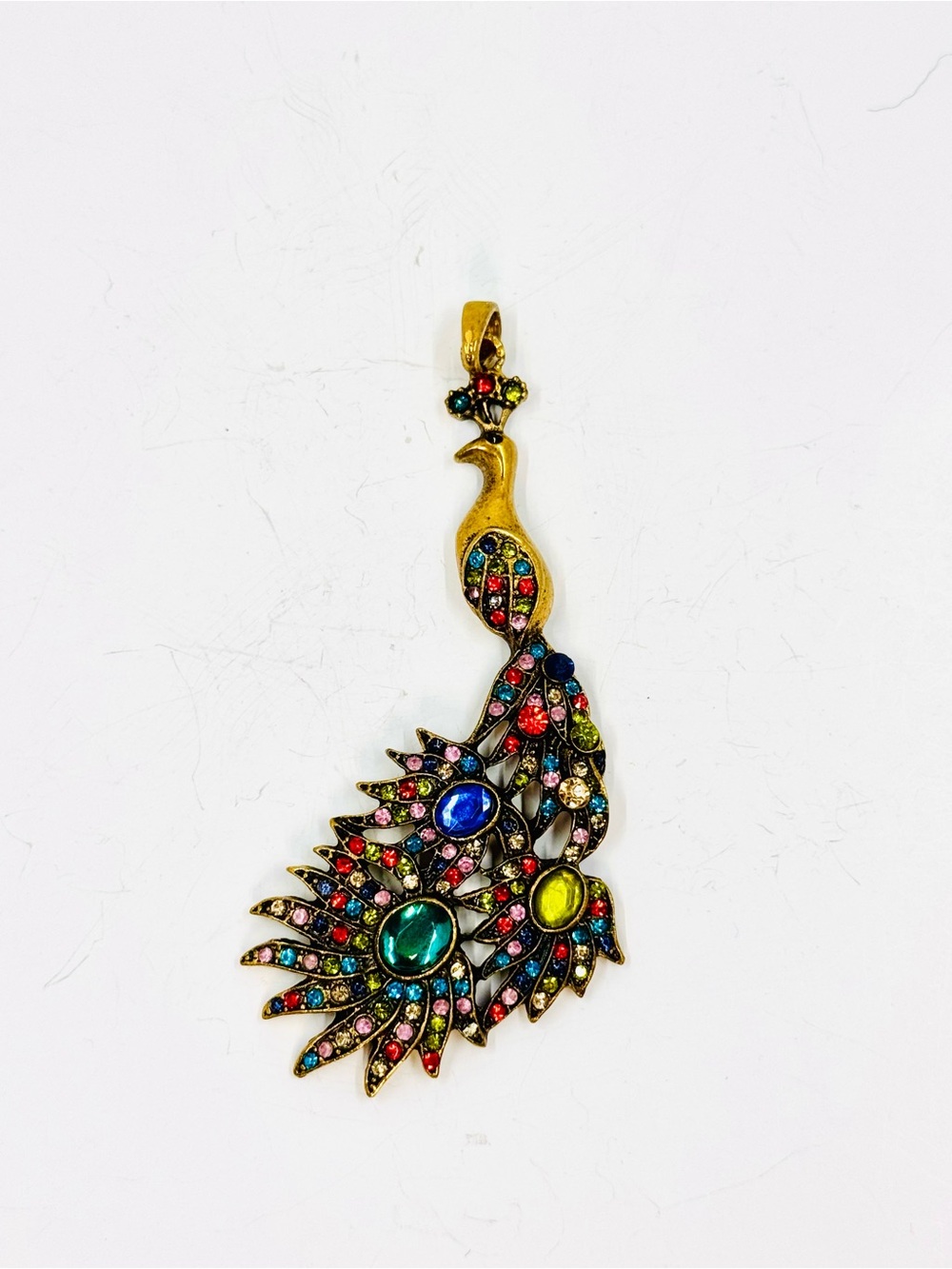 Antiqued Gold-Tone Multicolor Rhinestone Peacock Pendant 4.5”X2”